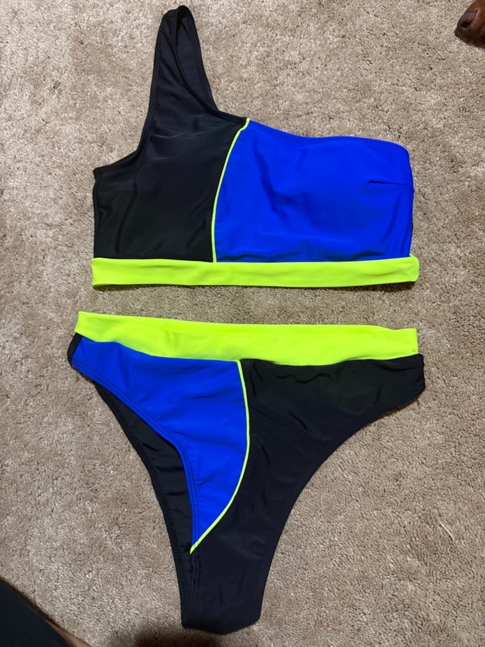 Colorblock One-Shoulder Bikini Set in Black, Royal Blue & Neon Yellow